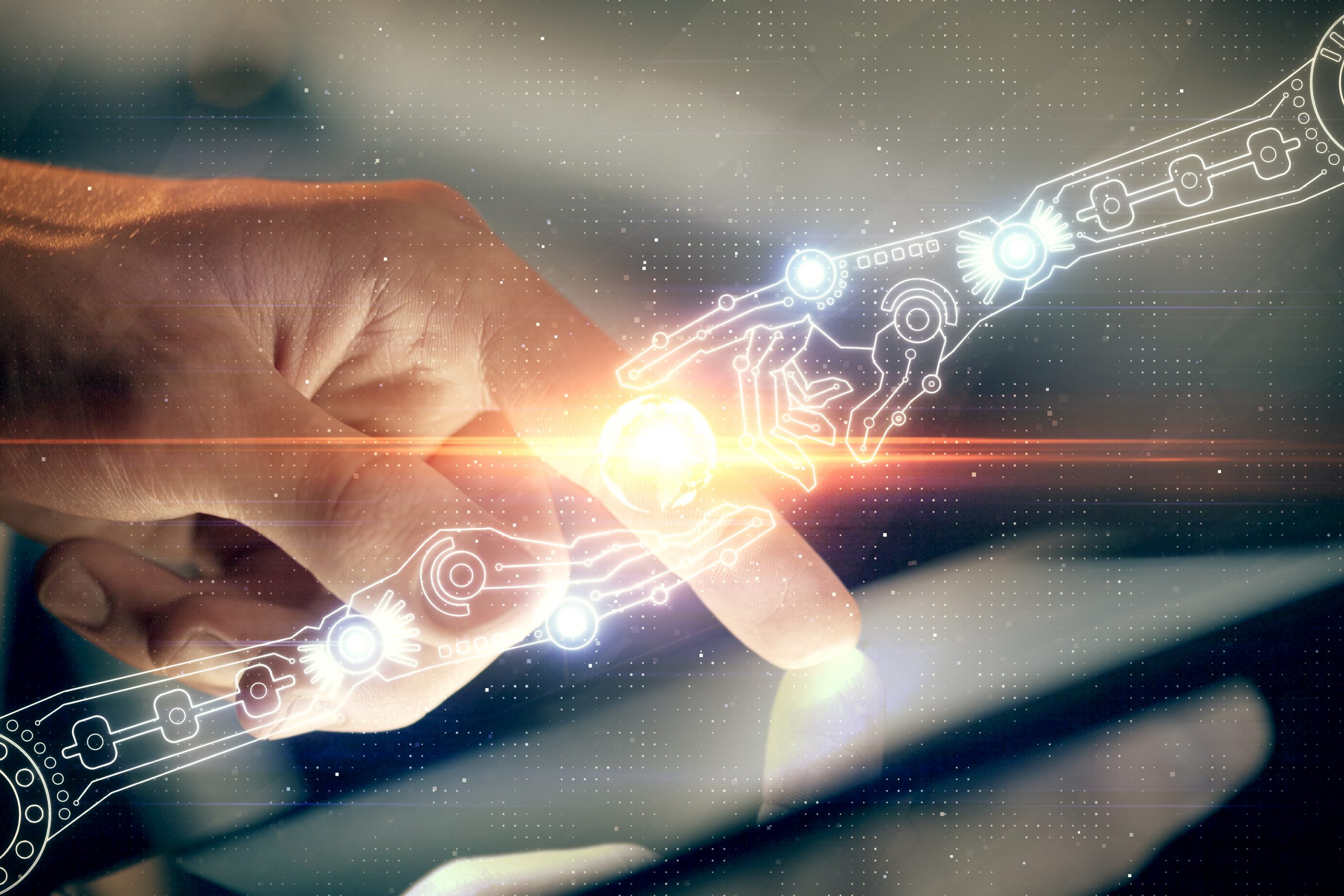 Using Generative AI with Google Ad Scripts to Add Fresh Content to PPC Ads Human hand touching tablet screen with transparent bot hands overlapping.