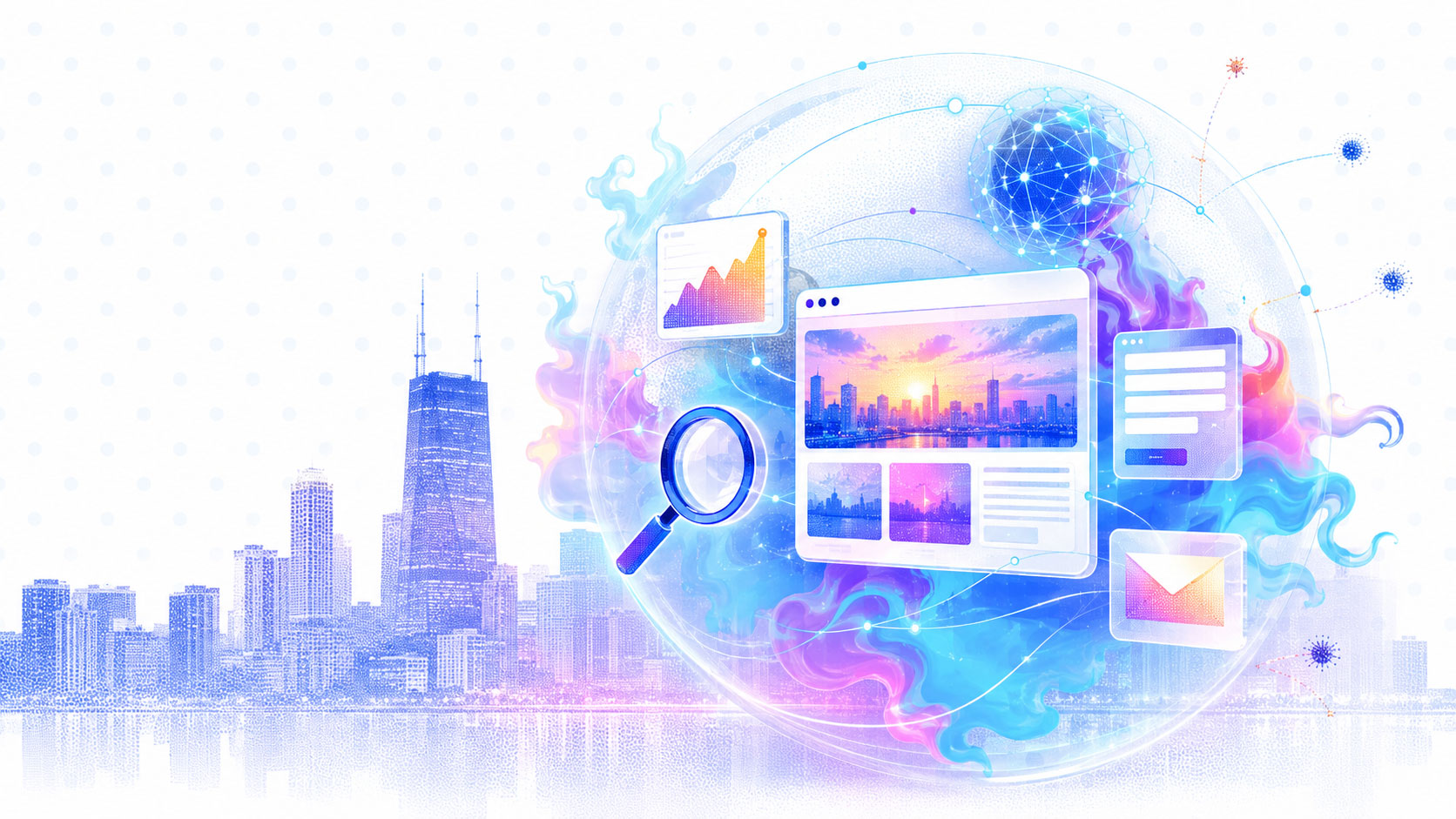 stylized city of chicago with cyber security and marketing symbols