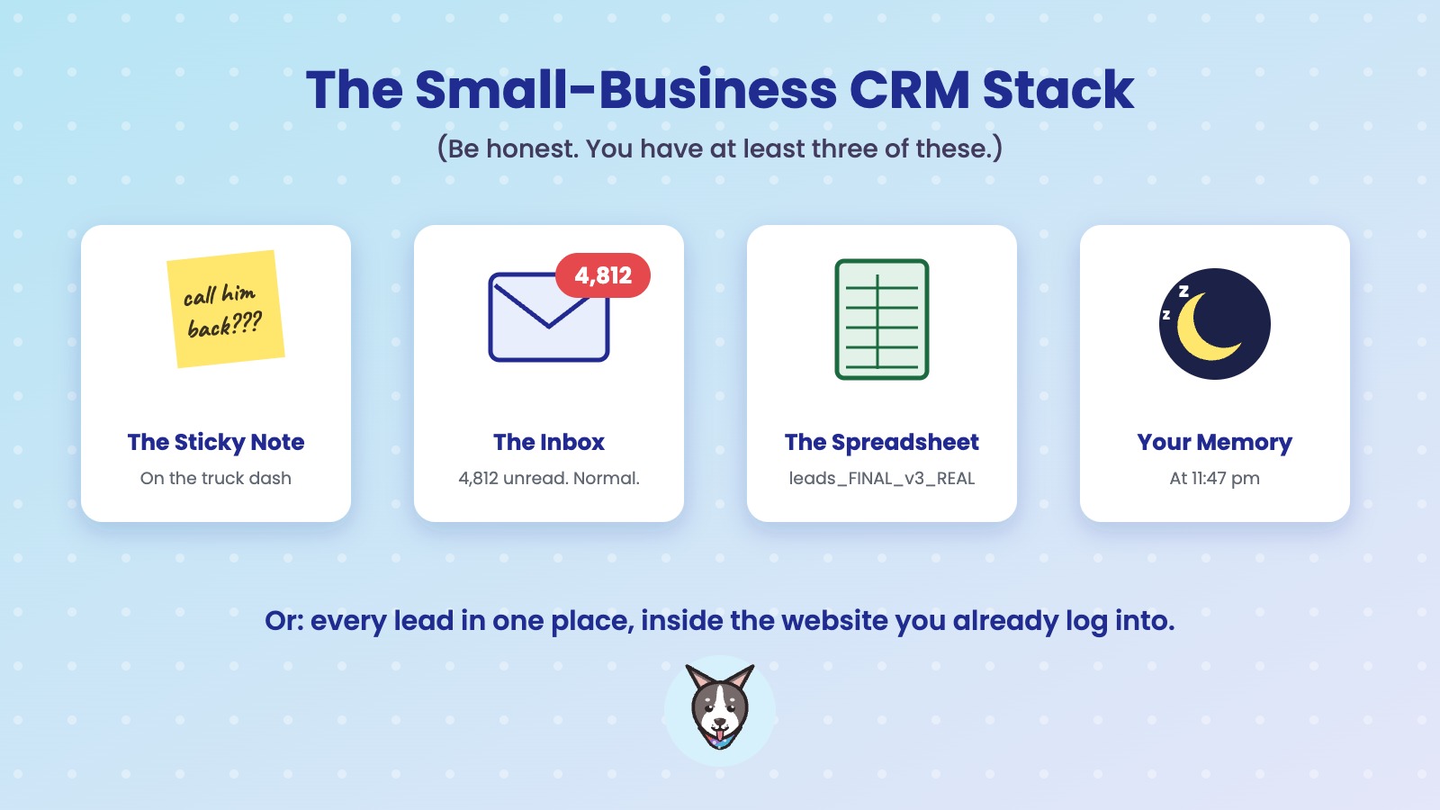 The small-business CRM stack: a sticky note, an inbox with 4,812 unread emails, a spreadsheet and your memory at 11:47 pm