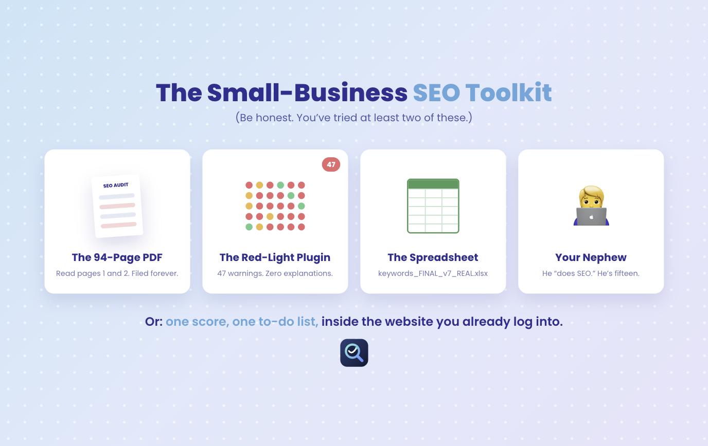 The small-business SEO toolkit: a 94-page PDF, a plugin with 47 red lights, a keyword spreadsheet and your nephew who does SEO
