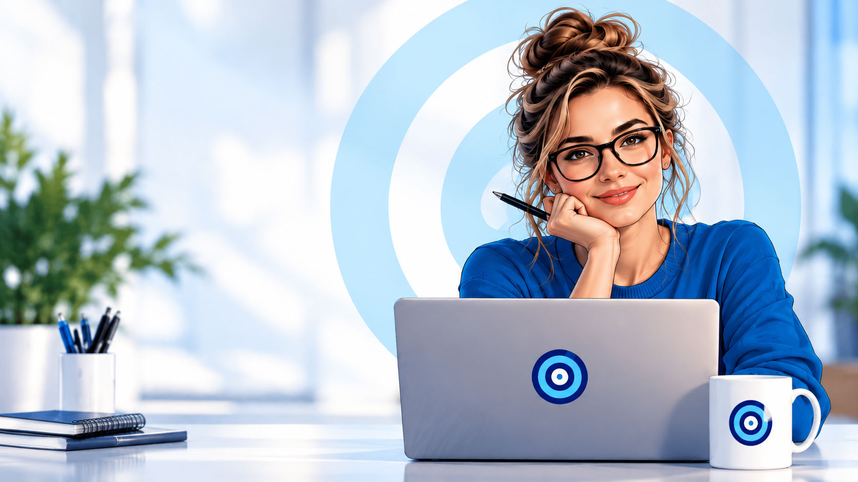 a friendly and knowledgable looking female assistant at a desk with a laptop