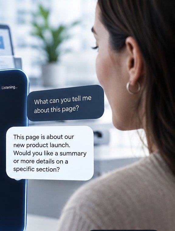 A visitor asks a website a question out loud and gets a spoken answer back