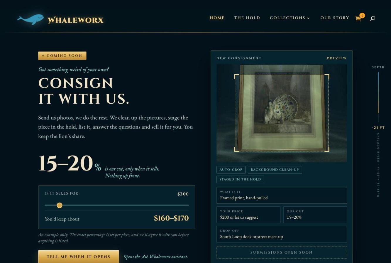 Whaleworx consignment preview with a photo crop frame, a 15 to 20 percent cut and a seller price calculator