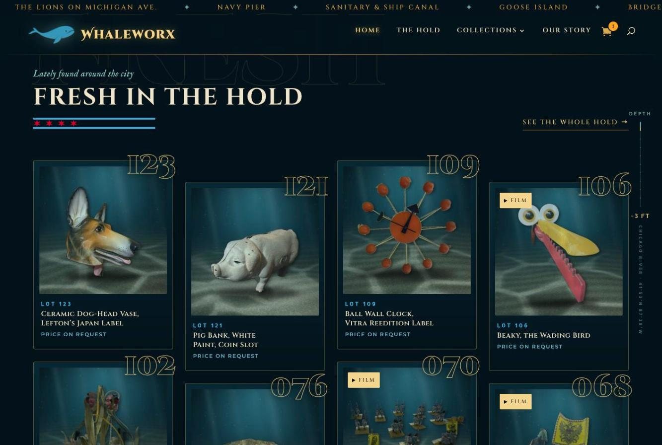 Whaleworx home page row of real lots: a ceramic dog-head vase, a pig bank, a ball wall clock and a wading bird