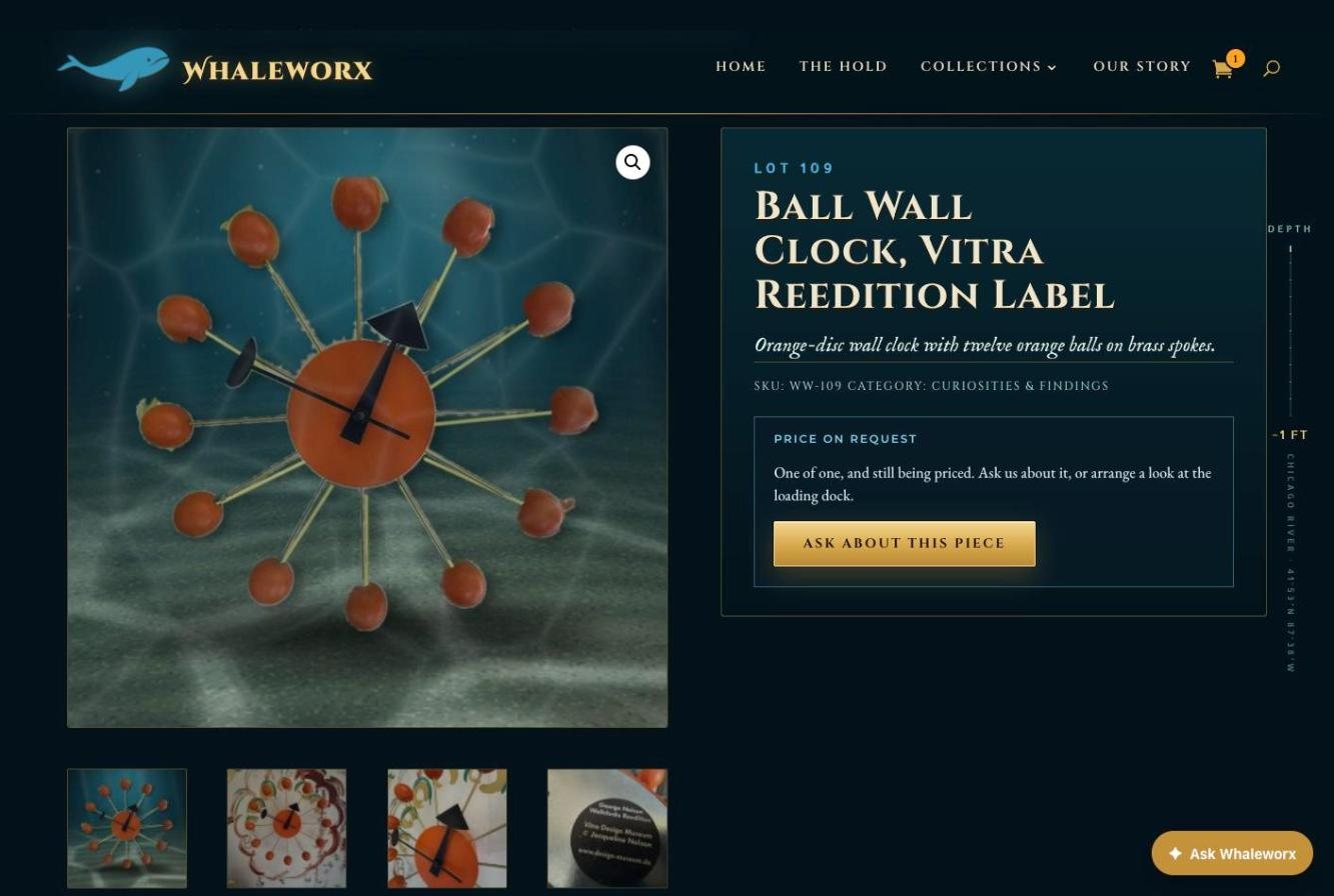 Whaleworx product page for a ball wall clock with a Price on request box and an Ask about this piece button