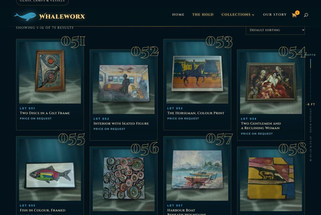 Whaleworx shop page showing real framed prints on a riverbed backdrop, each marked Price on request